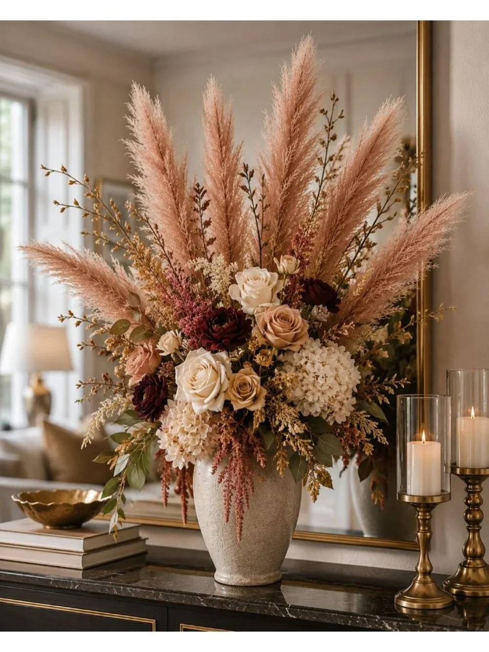Faux Pampas Grass 3 Stems Chestnut Brown 26 Inch Artificial